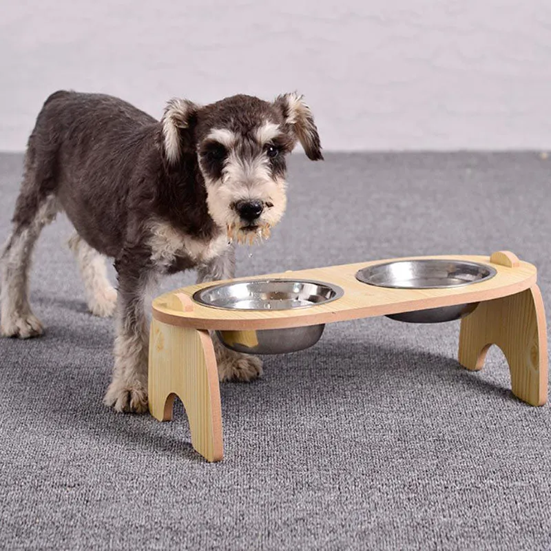 15°Cervical Spine Wooden Bowl Holder Double Bowl for Pet Feeding and Drinking