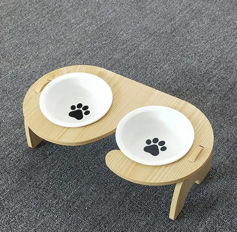 15°Cervical Spine Wooden Bowl Holder Double Bowl for Pet Feeding and Drinking