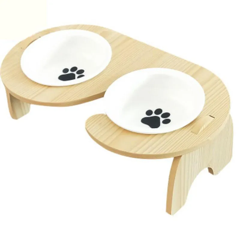 15°Cervical Spine Wooden Bowl Holder Double Bowl for Pet Feeding and Drinking