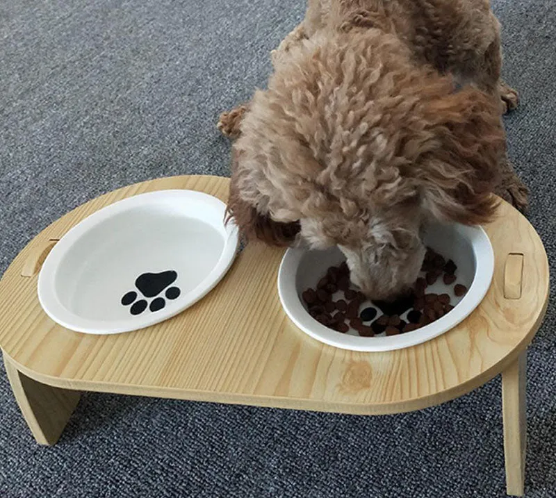 15°Cervical Spine Wooden Bowl Holder Double Bowl for Pet Feeding and Drinking