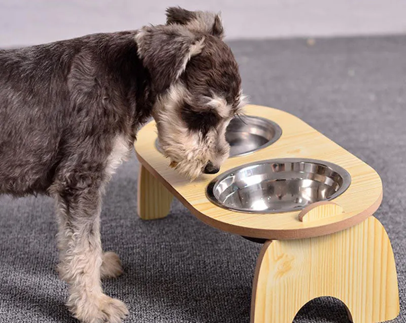 15°Cervical Spine Wooden Bowl Holder Double Bowl for Pet Feeding and Drinking