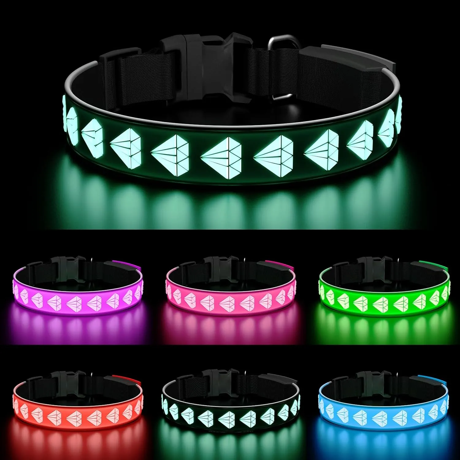 3D Design LED Dog Collar, Adjustable 15 Multi-Colors Light Up, Rechargeable Waterproof Bright for Medium Dogs, Black