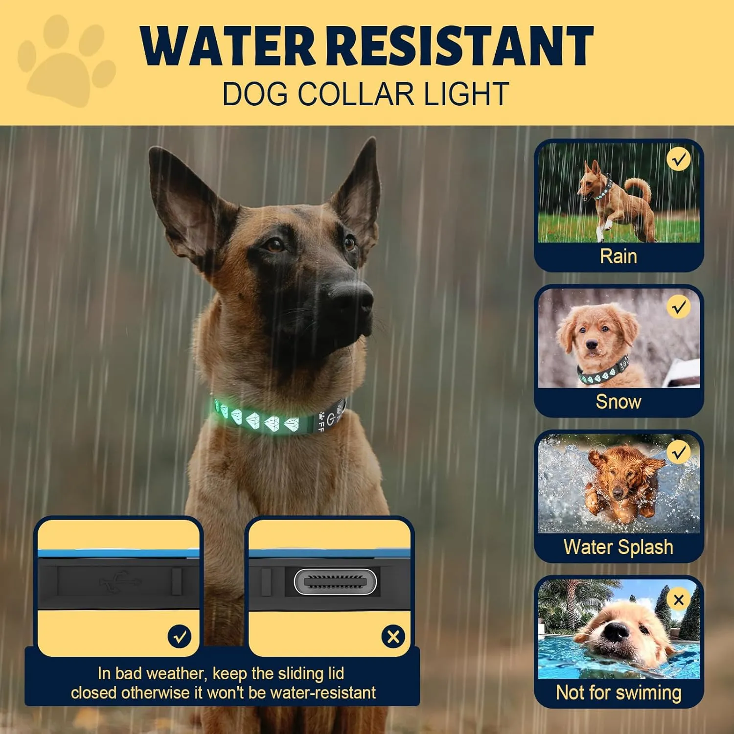 3D Design LED Dog Collar, Adjustable 15 Multi-Colors Light Up, Rechargeable Waterproof Bright for Medium Dogs, Black