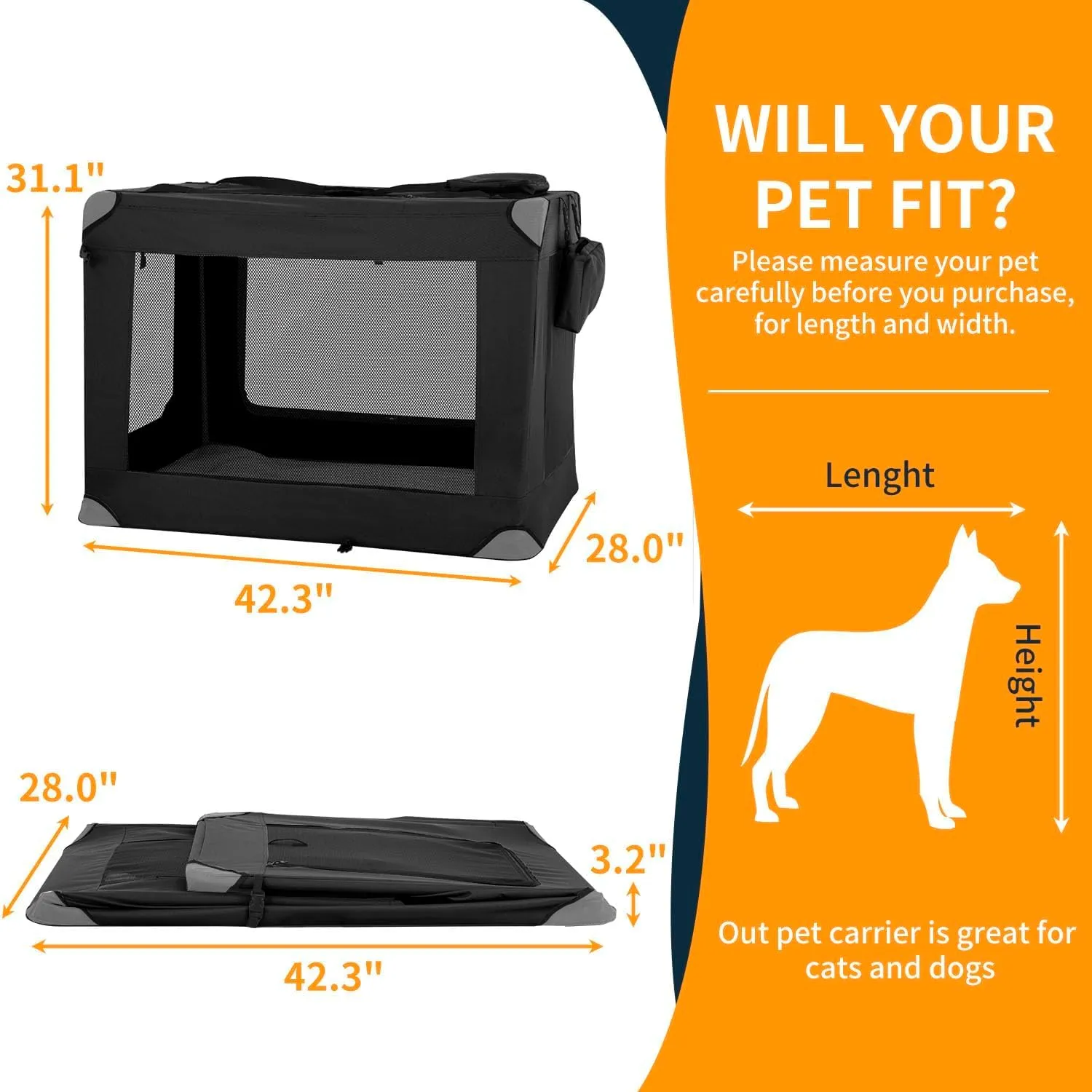 42 Inch Collapsible Dog Crate for Large Dogs, 3-Door Foldable Soft Kennel with Breathable Mesh Windows and Soft Pad, Lightweight Folding Cat Carrier with Carrying Strap for Indoor Outdoor Travel