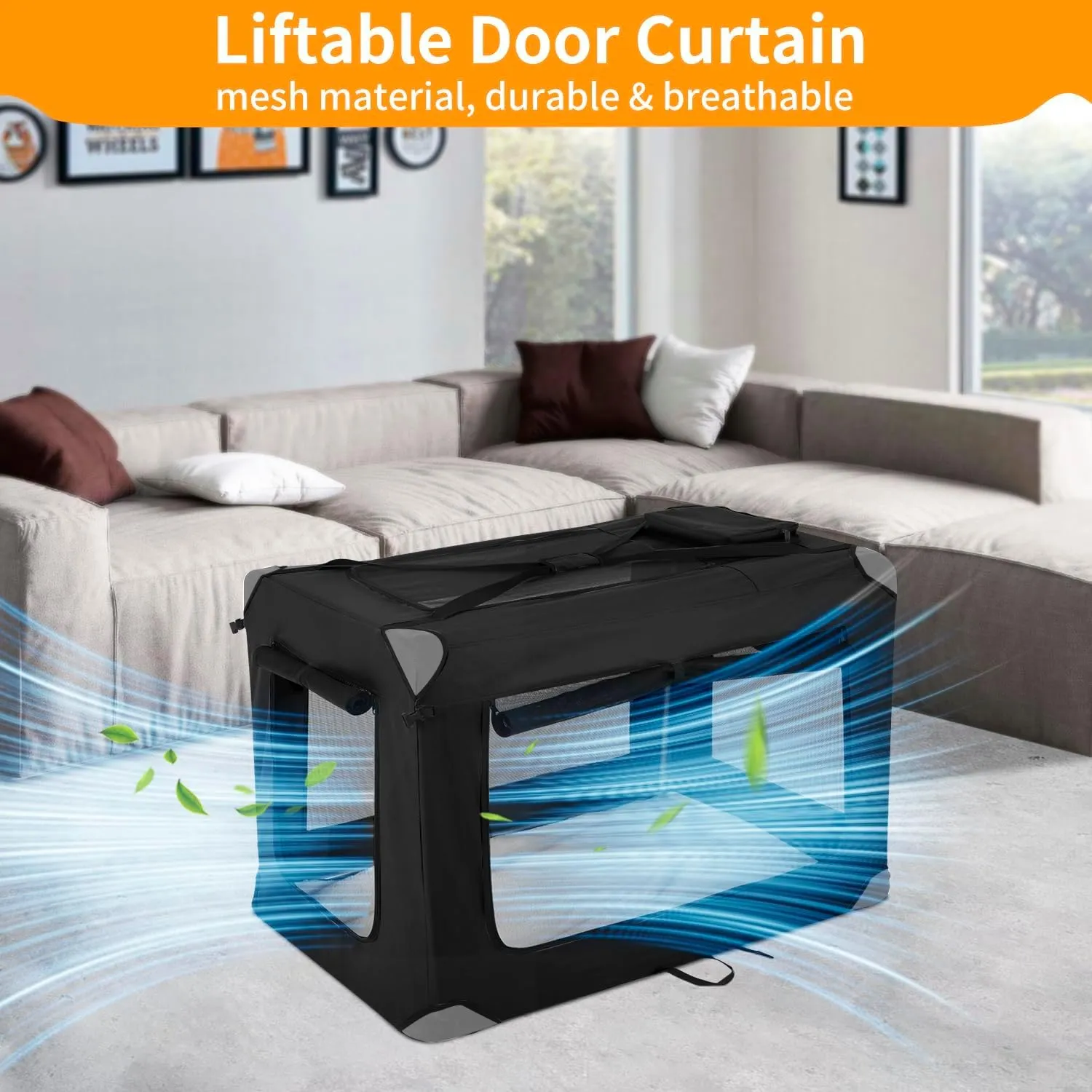 42 Inch Collapsible Dog Crate for Large Dogs, 3-Door Foldable Soft Kennel with Breathable Mesh Windows and Soft Pad, Lightweight Folding Cat Carrier with Carrying Strap for Indoor Outdoor Travel