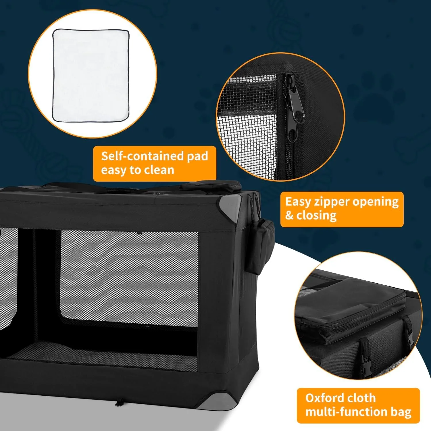42 Inch Collapsible Dog Crate for Large Dogs, 3-Door Foldable Soft Kennel with Breathable Mesh Windows and Soft Pad, Lightweight Folding Cat Carrier with Carrying Strap for Indoor Outdoor Travel