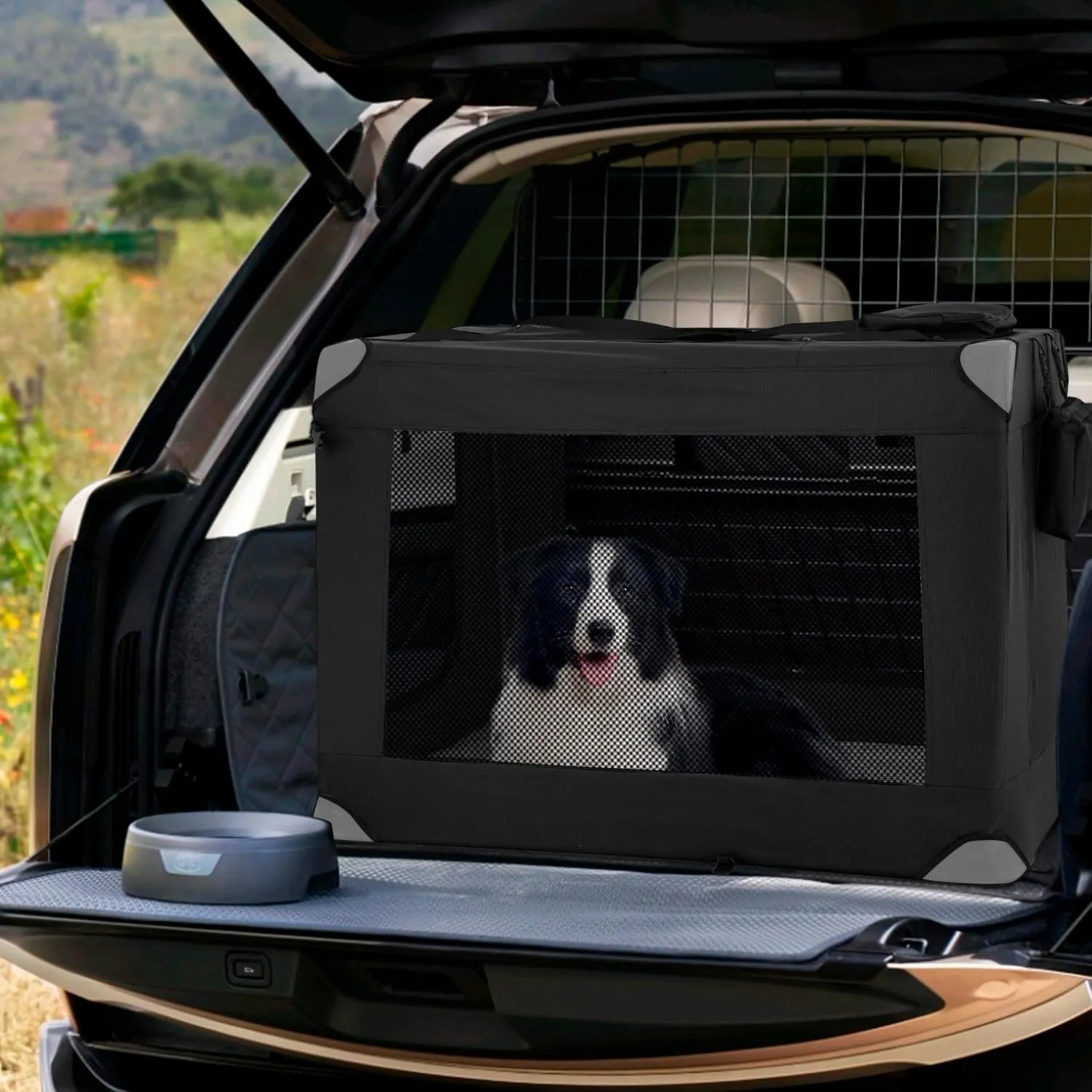 42 Inch Collapsible Dog Crate for Large Dogs, 3-Door Foldable Soft Kennel with Breathable Mesh Windows and Soft Pad, Lightweight Folding Cat Carrier with Carrying Strap for Indoor Outdoor Travel
