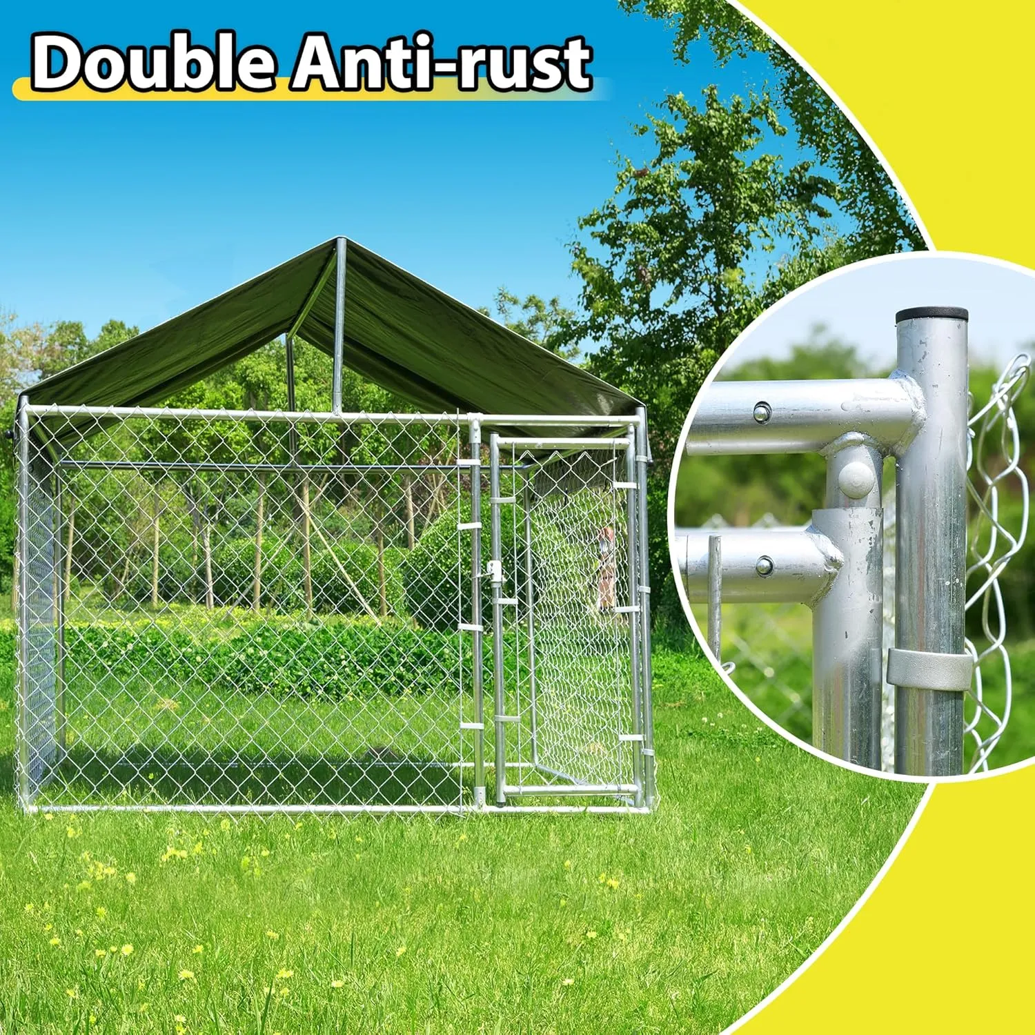 6.76'x6.76'x5.65' Large Dog Playpen Outdoor, Heavy Duty Chain Link Metal Dog Kennel Exercise Dog Pen Run with Lockable Door and Water-Resistant Canopy, for Medium and Large Dogs