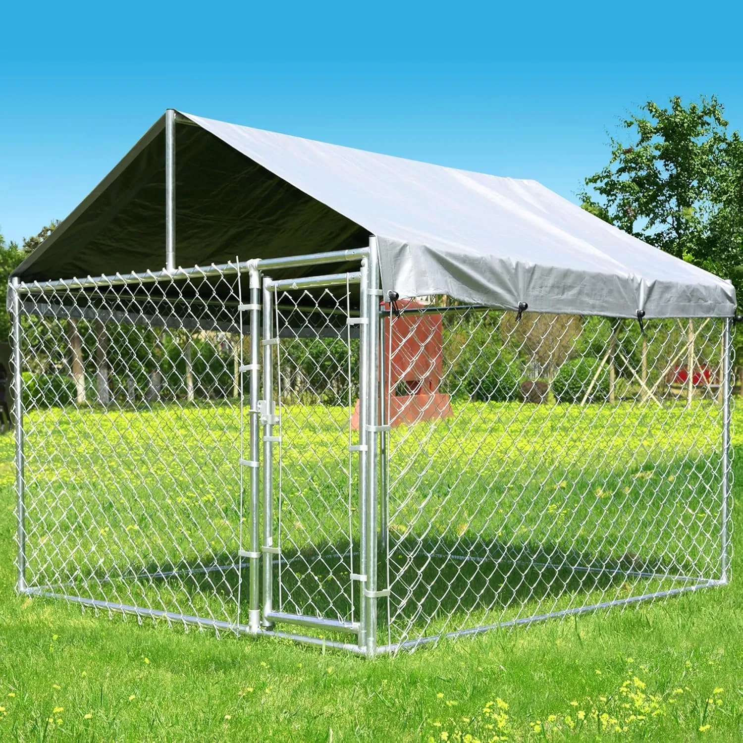 6.76'x6.76'x5.65' Large Dog Playpen Outdoor, Heavy Duty Chain Link Metal Dog Kennel Exercise Dog Pen Run with Lockable Door and Water-Resistant Canopy, for Medium and Large Dogs