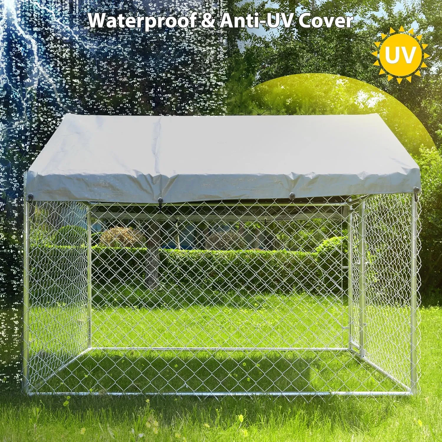 6.76'x6.76'x5.65' Large Dog Playpen Outdoor, Heavy Duty Chain Link Metal Dog Kennel Exercise Dog Pen Run with Lockable Door and Water-Resistant Canopy, for Medium and Large Dogs