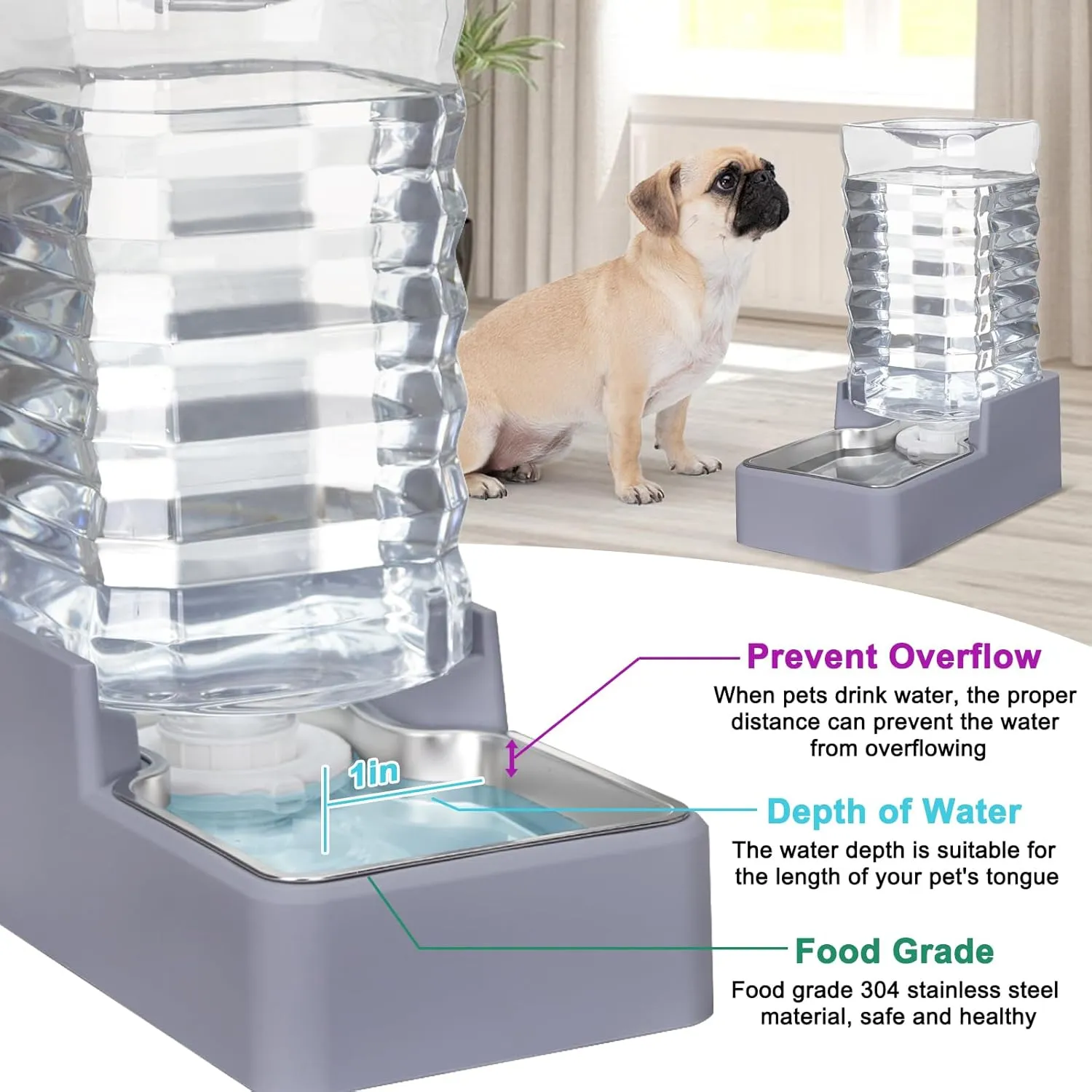 9L Automatic Dog and Cat Water Dispenser with Stainless Steel Bowl Gravity Waterer,Large Capacity and Drinking,100% BPA-Free,Suitable for Medium and Large-Sized Cats and Dogs (Light Gray, 9L)