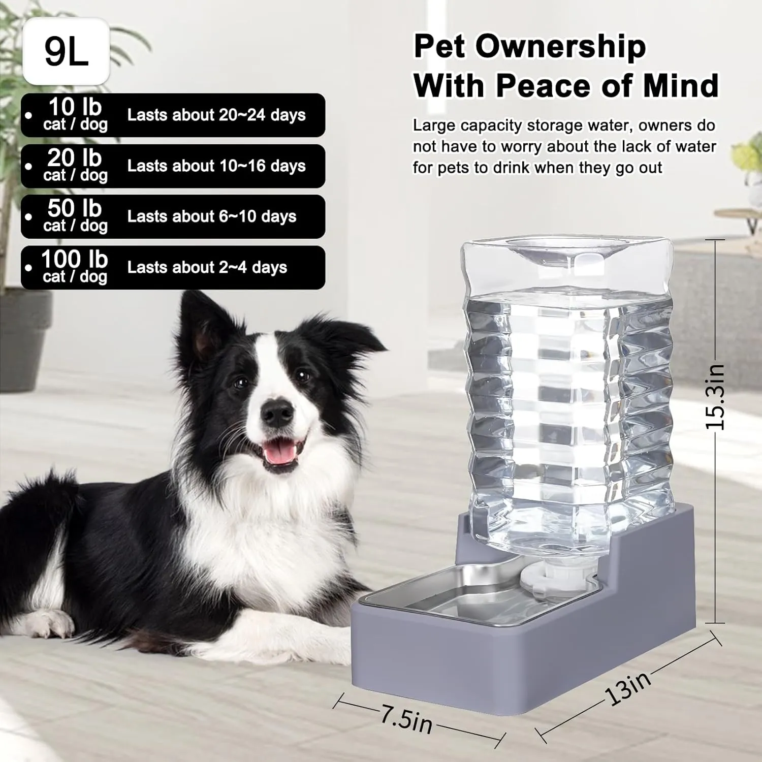 9L Automatic Dog and Cat Water Dispenser with Stainless Steel Bowl Gravity Waterer,Large Capacity and Drinking,100% BPA-Free,Suitable for Medium and Large-Sized Cats and Dogs (Light Gray, 9L)