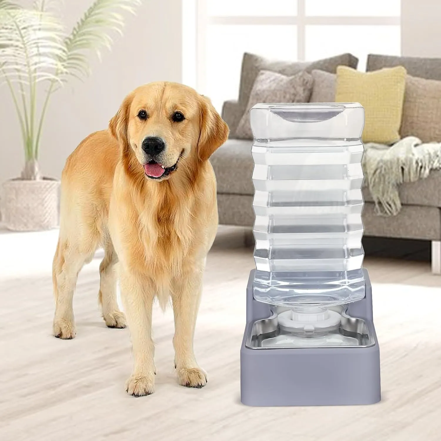 9L Automatic Dog and Cat Water Dispenser with Stainless Steel Bowl Gravity Waterer,Large Capacity and Drinking,100% BPA-Free,Suitable for Medium and Large-Sized Cats and Dogs (Light Gray, 9L)