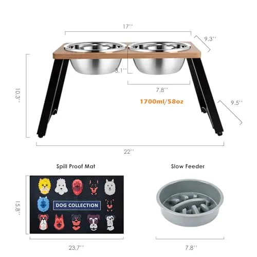 ADENGL Elevated Dog Bowls for Large Dogs, Raised Dog Bowl Stand with Sprill Proof Mat & 2 Stainless Steel Dog Bowls and Slow Feeder, 1700ML Capacity - 11.2" Tall Raised Dog Stand
