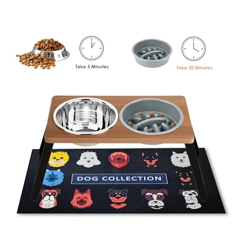 ADENGL Elevated Dog Bowls for Large Dogs, Raised Dog Bowl Stand with Sprill Proof Mat & 2 Stainless Steel Dog Bowls and Slow Feeder, 1700ML Capacity - 11.2" Tall Raised Dog Stand