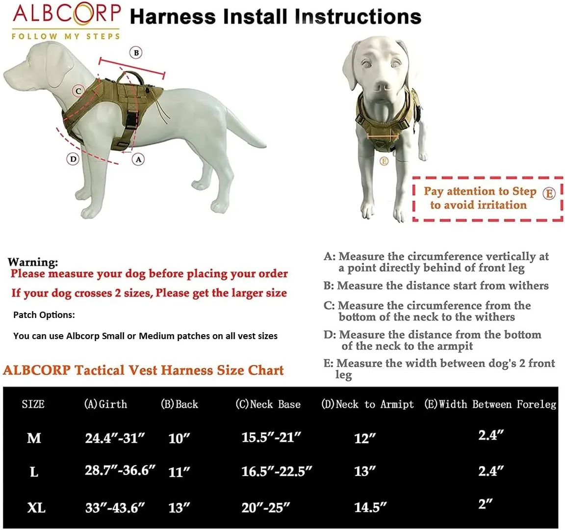 Albcorp Tactical Dog Harness - Heavy Duty, No-Pull Training Vest for Large Breeds, Military Service Dog Vest with Front Leash Clip, Hook & Loop Panels, Padded Handle  Black, Medium