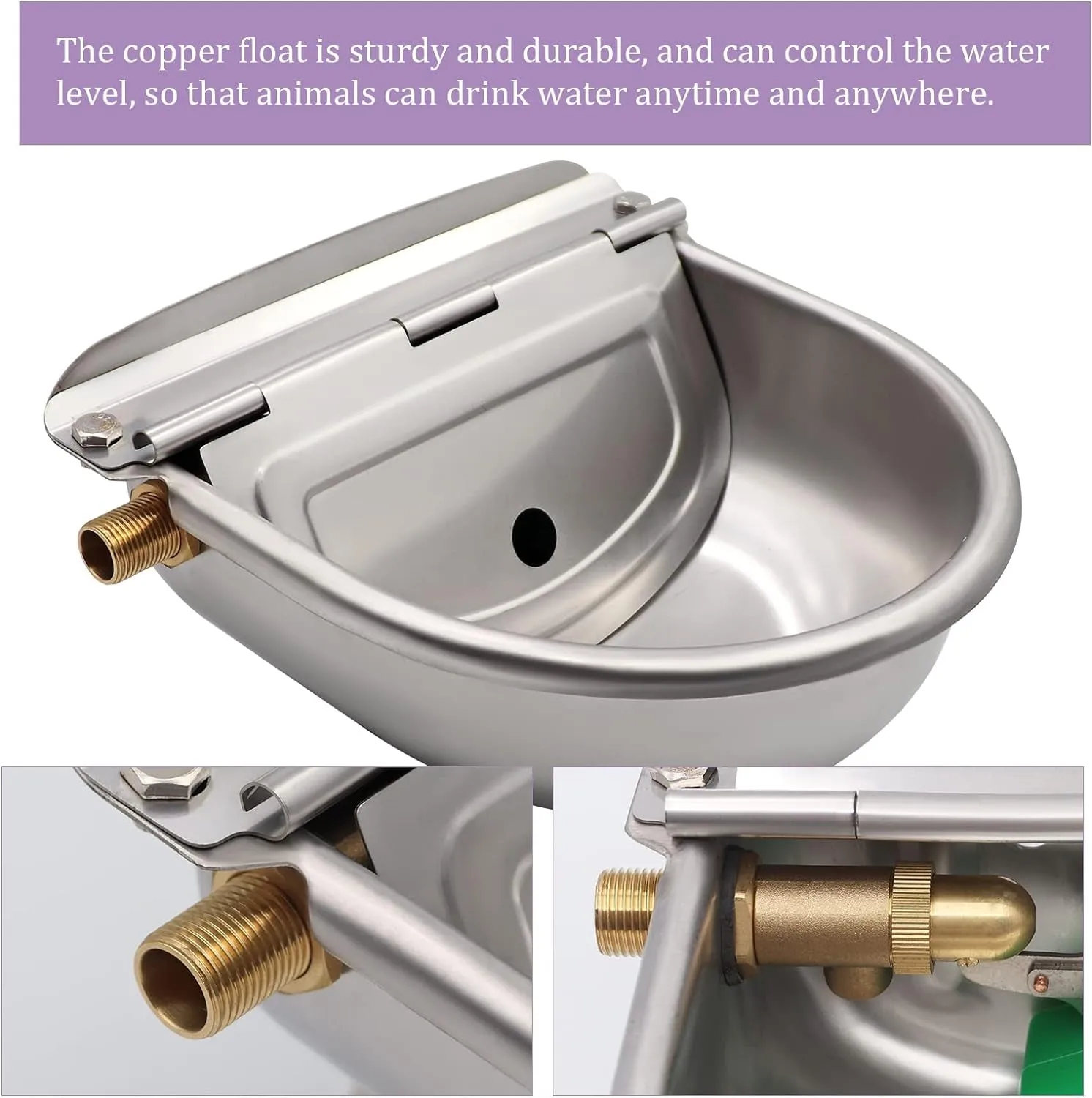 Automatic Waterer Bowl with Brass Float Valve and Drain Plug Stainless Steel Livestock Water Trough Bowl for Dog Cattle Pig Goat Sheep