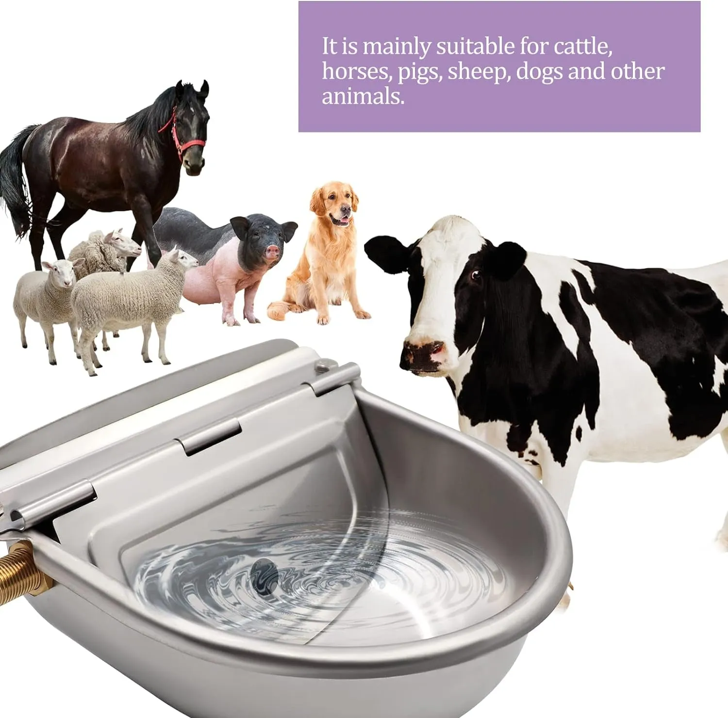 Automatic Waterer Bowl with Brass Float Valve and Drain Plug Stainless Steel Livestock Water Trough Bowl for Dog Cattle Pig Goat Sheep