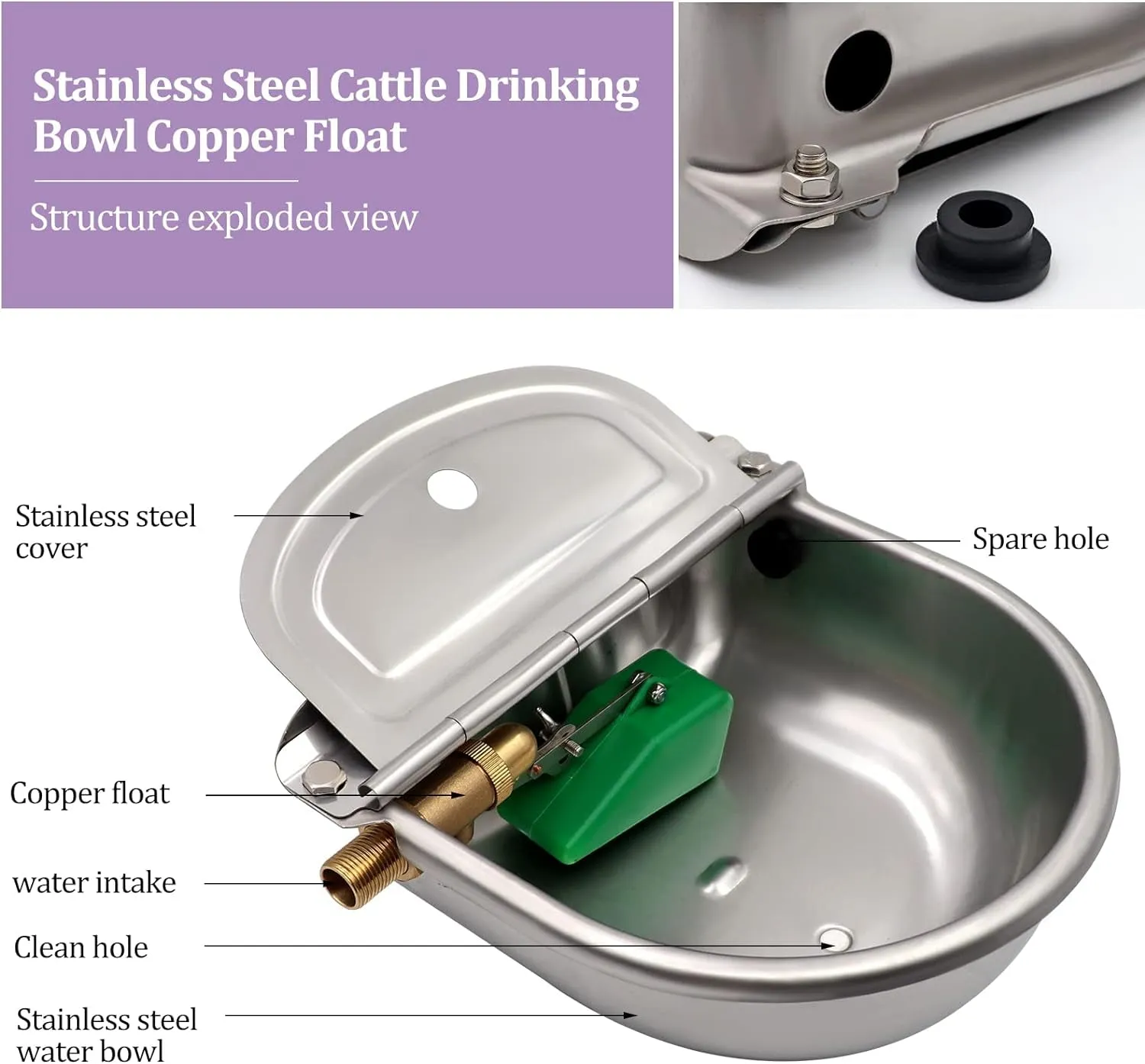 Automatic Waterer Bowl with Brass Float Valve and Drain Plug Stainless Steel Livestock Water Trough Bowl for Dog Cattle Pig Goat Sheep