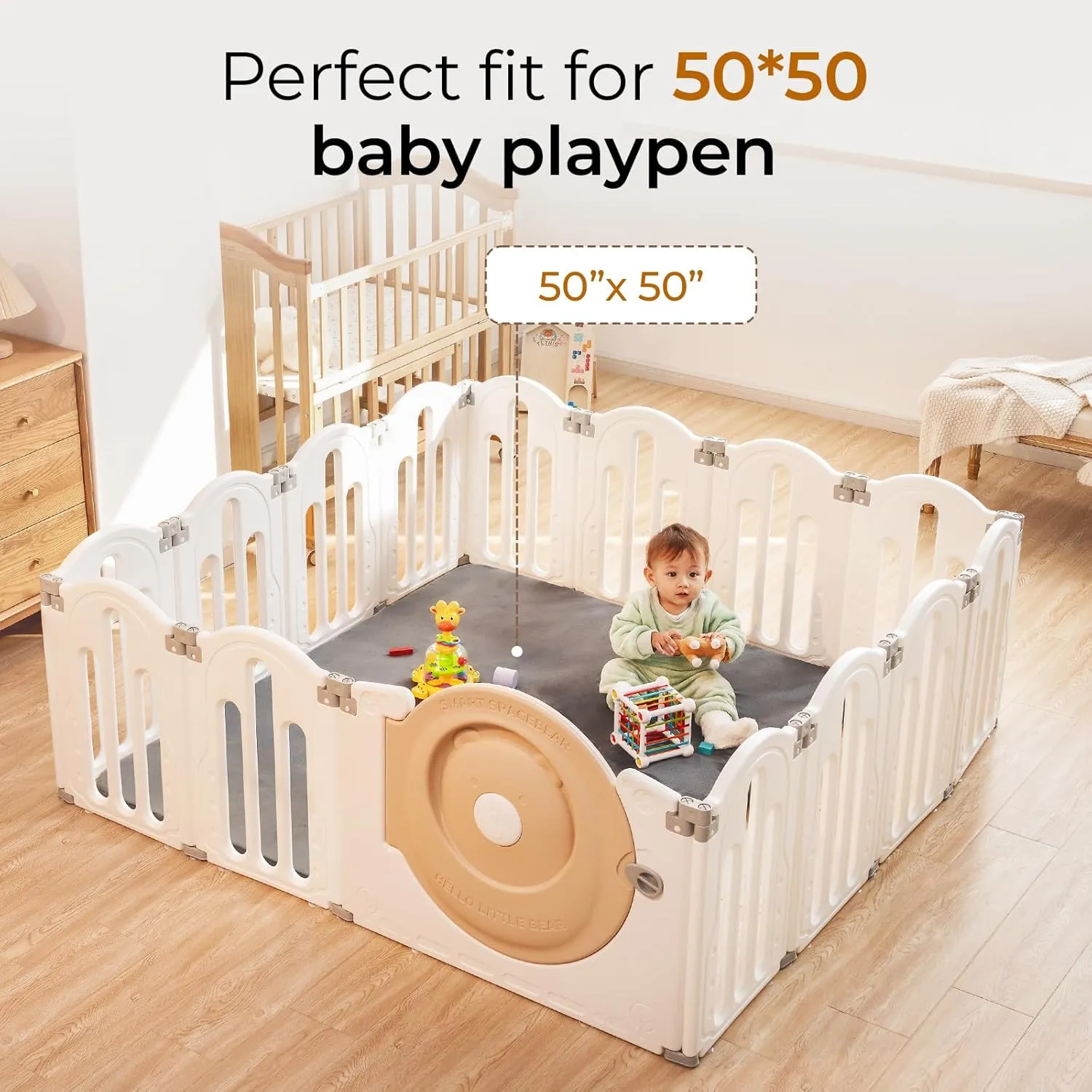 Baby Play Mat for Floor, 50x50 Thick Foam Soft Padded Playpen Mat with Machine Washable Removable Cover for Babies and Toddlers Infants (Grey)