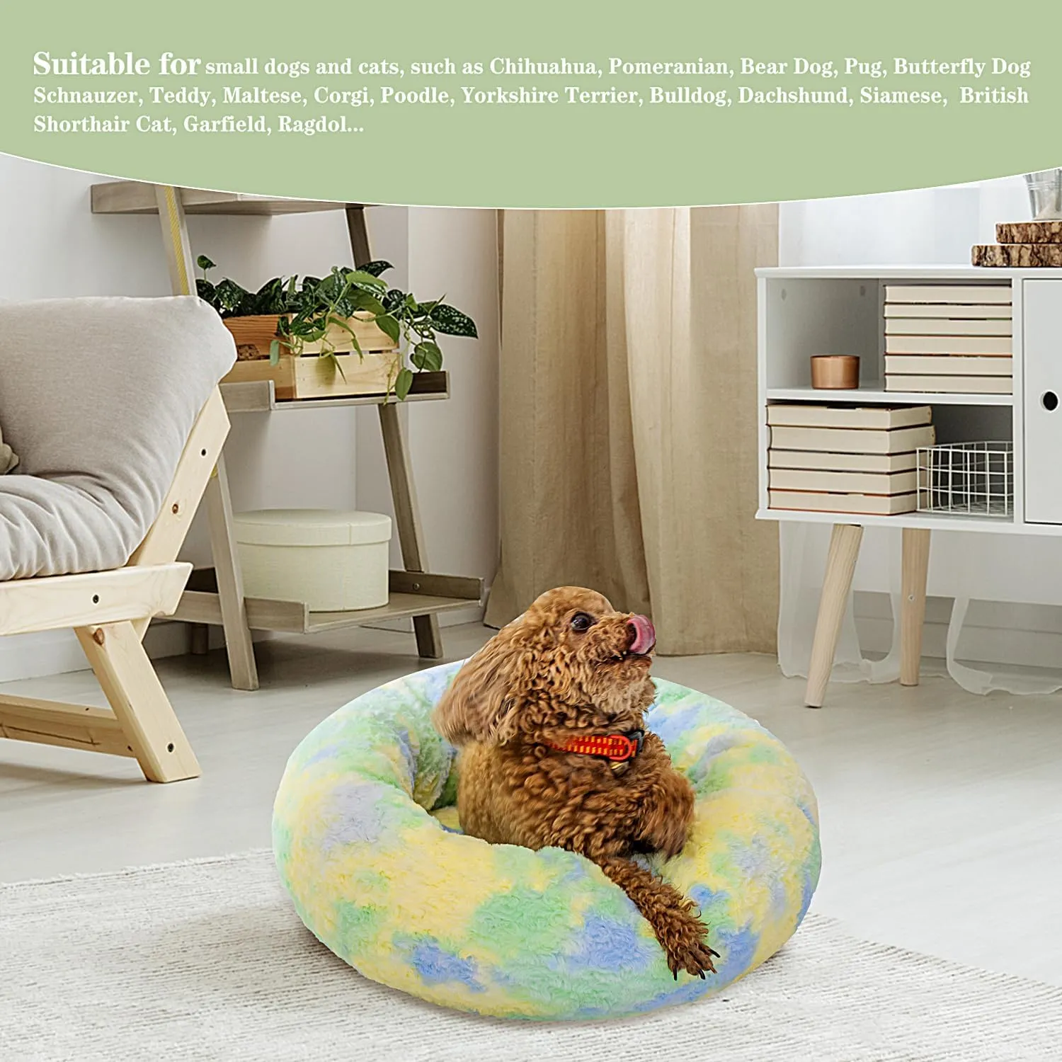 Calming Dog Bed for Small Medium Dogs Cats, 23'' Round Anti-Anxiety Warm Fluffy Plush Faux Fur Bed, Soft Anti-Slip Donut Washable Pet Bed, Fits up to 30 lbs Pets