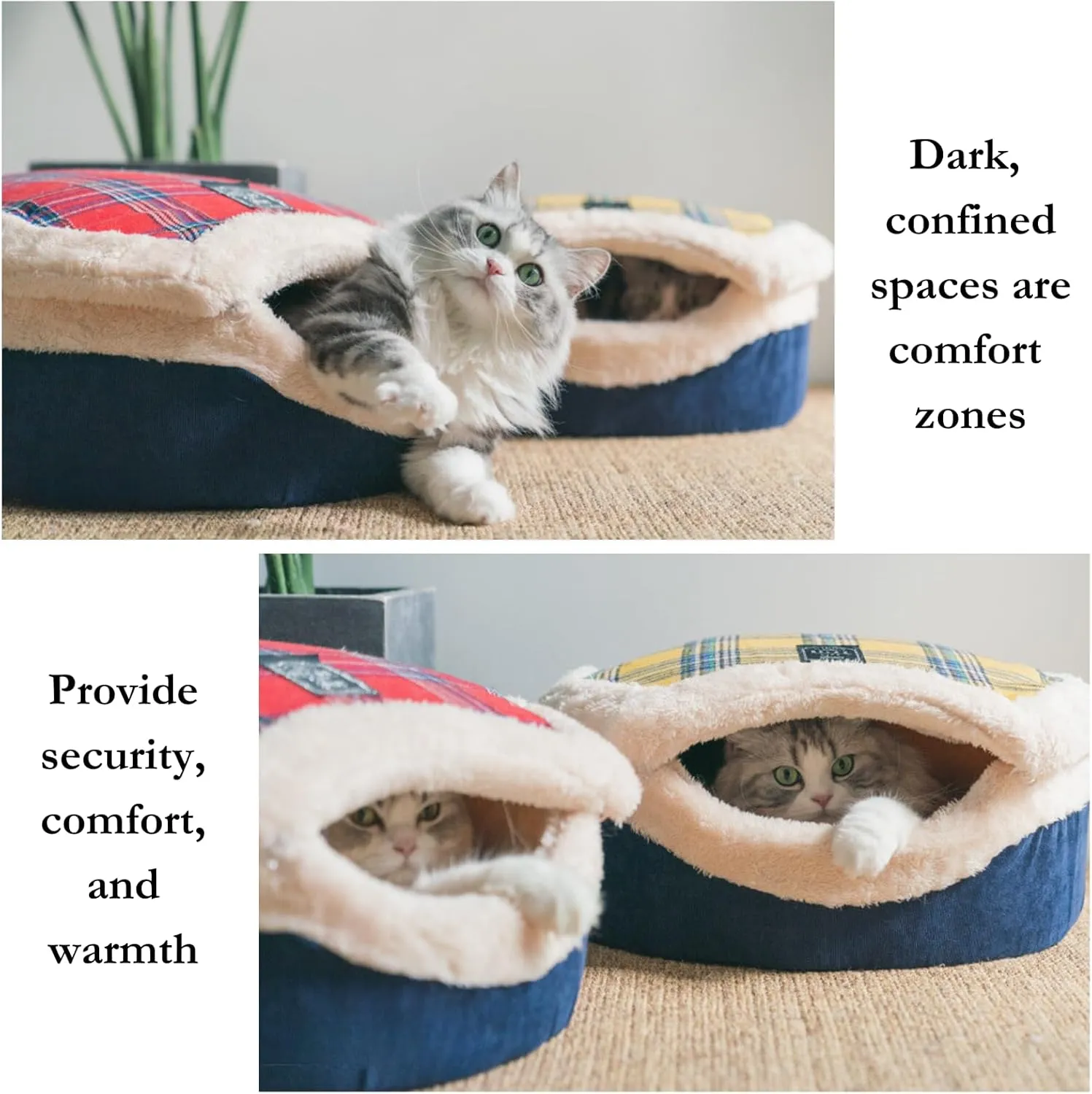 Cat Plaid Cave Bed, Plush Warm Calming Hideaway Nest with Detachable Lid & Mat, Snug Enclosed House for Indoor Kitten (Brown)
