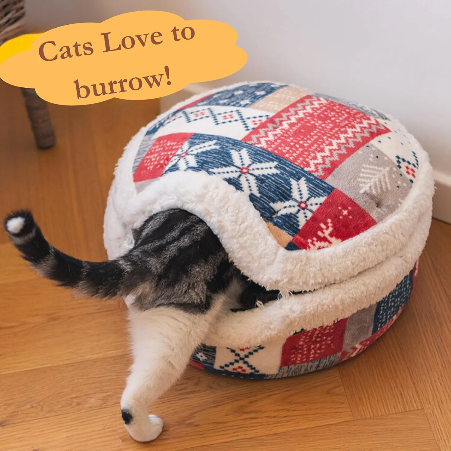 Cat Plaid Cave Bed, Plush Warm Calming Hideaway Nest with Detachable Lid & Mat, Snug Enclosed House for Indoor Kitten (Brown)