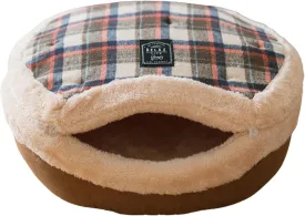 Cat Plaid Cave Bed, Plush Warm Calming Hideaway Nest with Detachable Lid & Mat, Snug Enclosed House for Indoor Kitten (Brown)