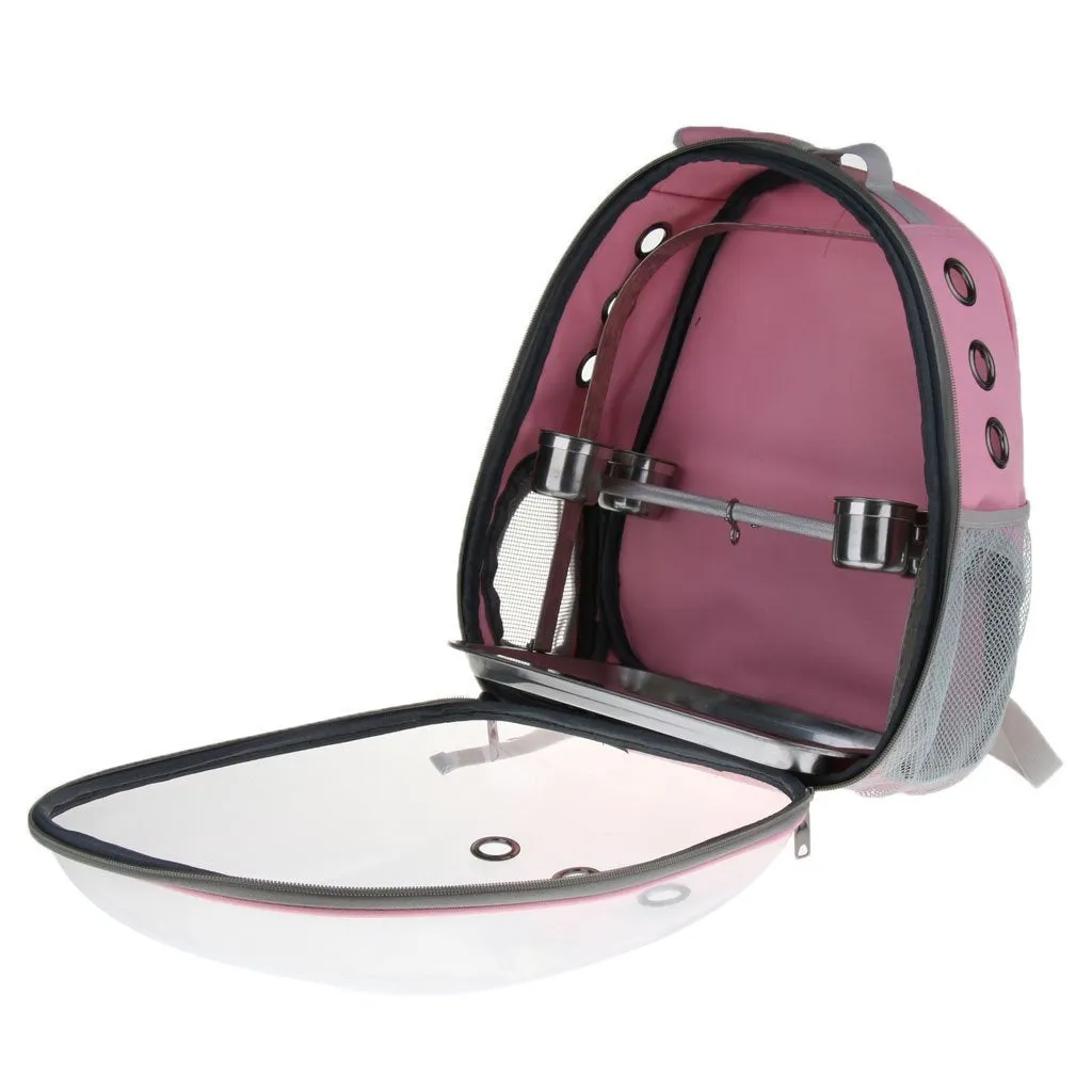 Clear Cover Parrot Bird Carrier Backpack with Stainless Steel Perch Stand & Feeder