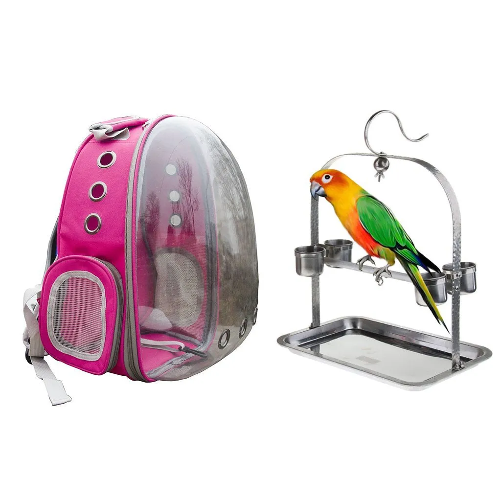Clear Cover Parrot Bird Carrier Backpack with Stainless Steel Perch Stand & Feeder