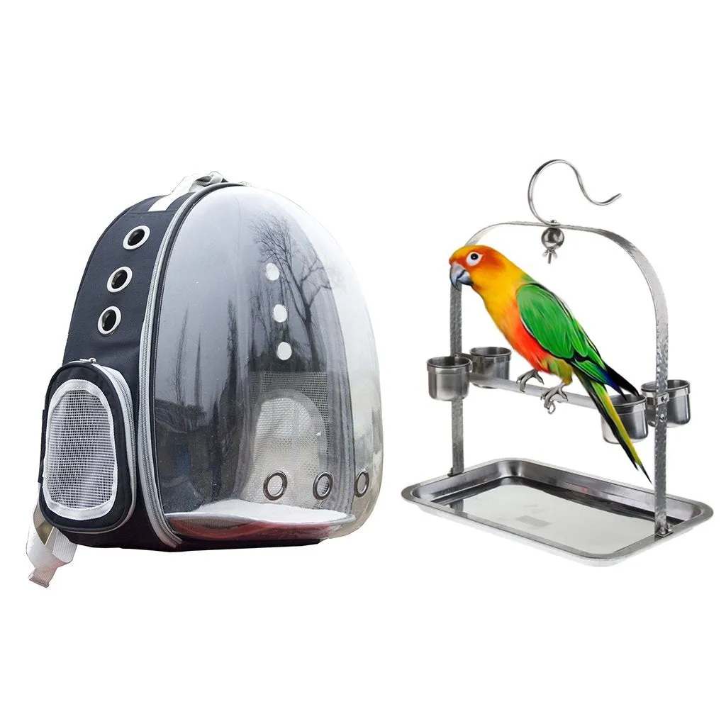 Clear Cover Parrot Bird Carrier Backpack with Stainless Steel Perch Stand & Feeder