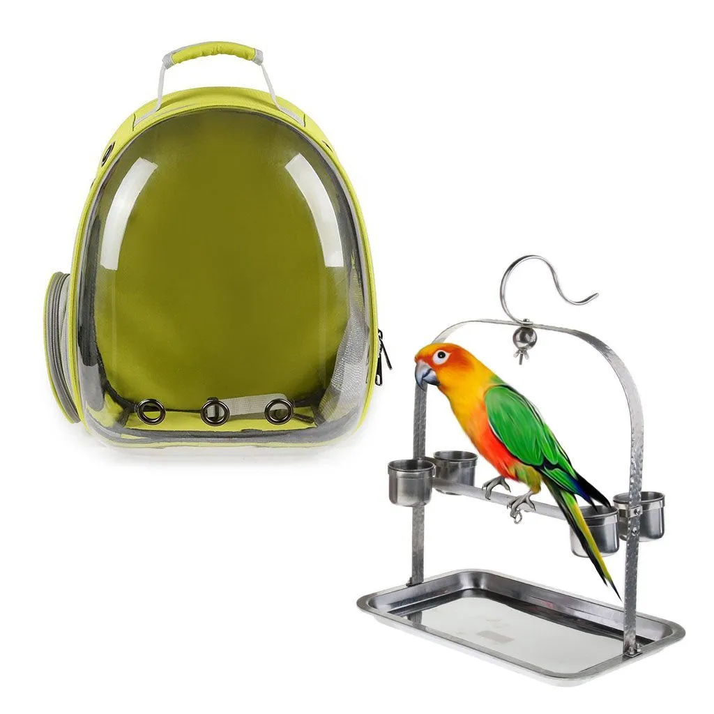 Clear Cover Parrot Bird Carrier Backpack with Stainless Steel Perch Stand & Feeder
