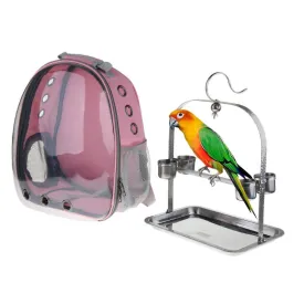 Clear Cover Parrot Bird Carrier Backpack with Stainless Steel Perch Stand & Feeder