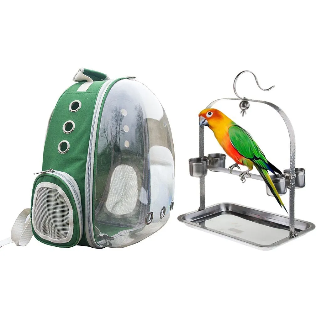 Clear Cover Parrot Bird Carrier Backpack with Stainless Steel Perch Stand & Feeder