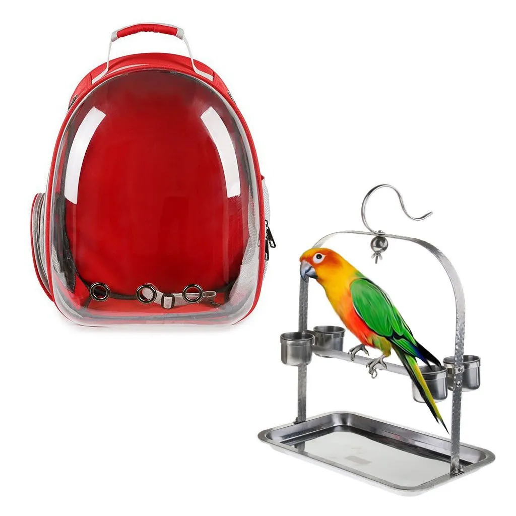 Clear Cover Parrot Bird Carrier Backpack with Stainless Steel Perch Stand & Feeder
