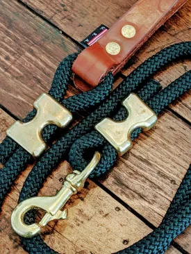 Climbing rope leash with solid brass fittings and custom leather handle