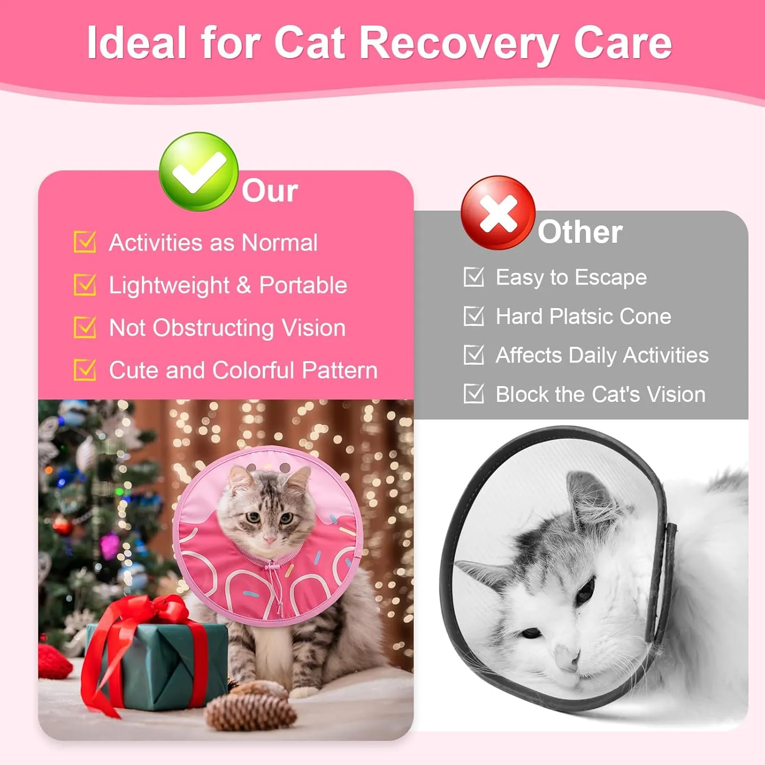 Coppthinktu Cat Cone Collar Soft, Cue Cat Recovery Collar After Surgery Waterproof Neck Cone, Lightweight Kitten Cone Elizabethan Collar for Cats Puppy Anti Licking Wounds (Pink,M)