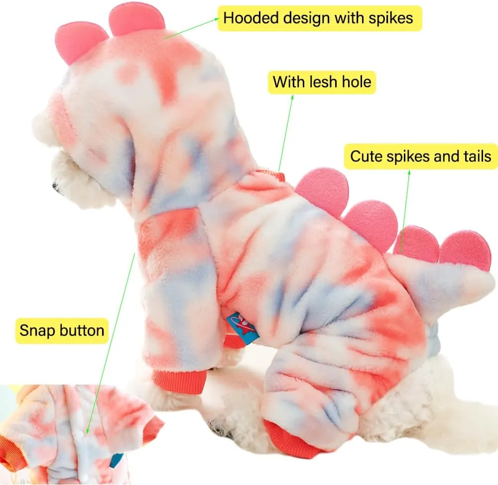 Dinosaur Dog Clothes for Small Dog Girl Boy, Fleece Winter Puppy Hoodies with Leash Ring, Cold Weather Coat for Cat, Funny Dinosaur Costume for Christmas Halloween (Pink, Medium)