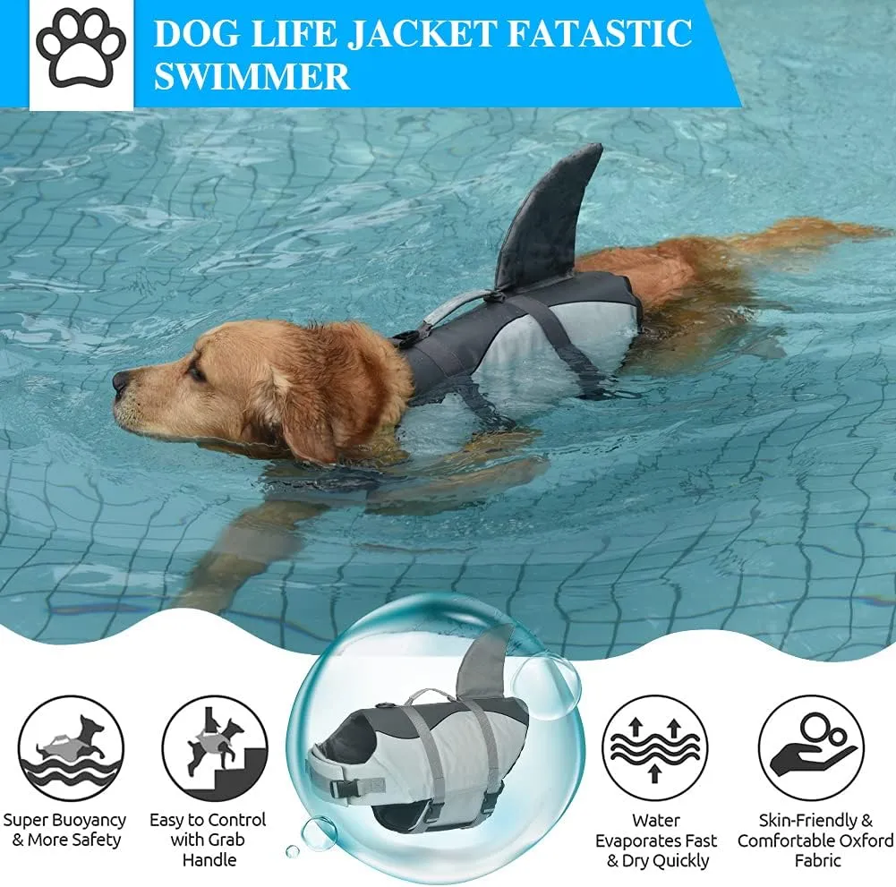 Dog Shark Life Jacket, Dog Life Vest for Swimming Adjustable Pet Life Preserver with Rescue Handle