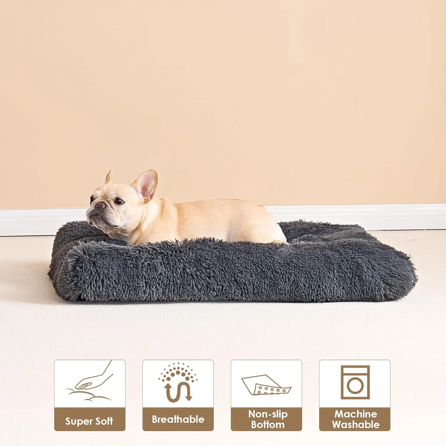 EHEYCIGA Fluffy Dog Crate Bed for Small Dogs, Plush Faux Fur Crate Pad, Calming Anti Anxiety Small Dog Bed, Washable Soft Warm Mat with Non-Slip Bottom, Dark Grey