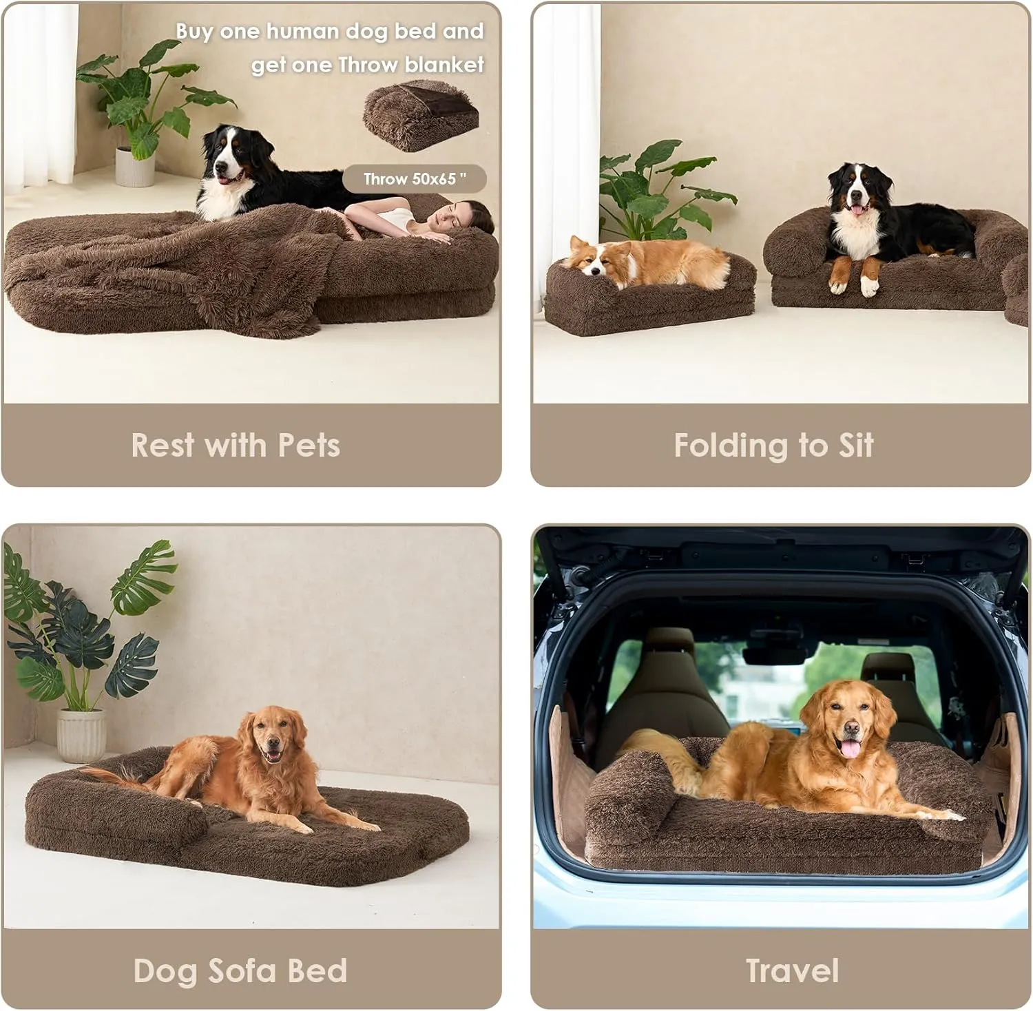 EHEYCIGA Foldable L Dog Bed, Faux Fur Fluffy Couch, Orthopedic Calming Memory Foam Pet Sofa for Large Dogs, Washable Soft Warm With Non-Slip Bottom, Brown, 40"x30"x6"