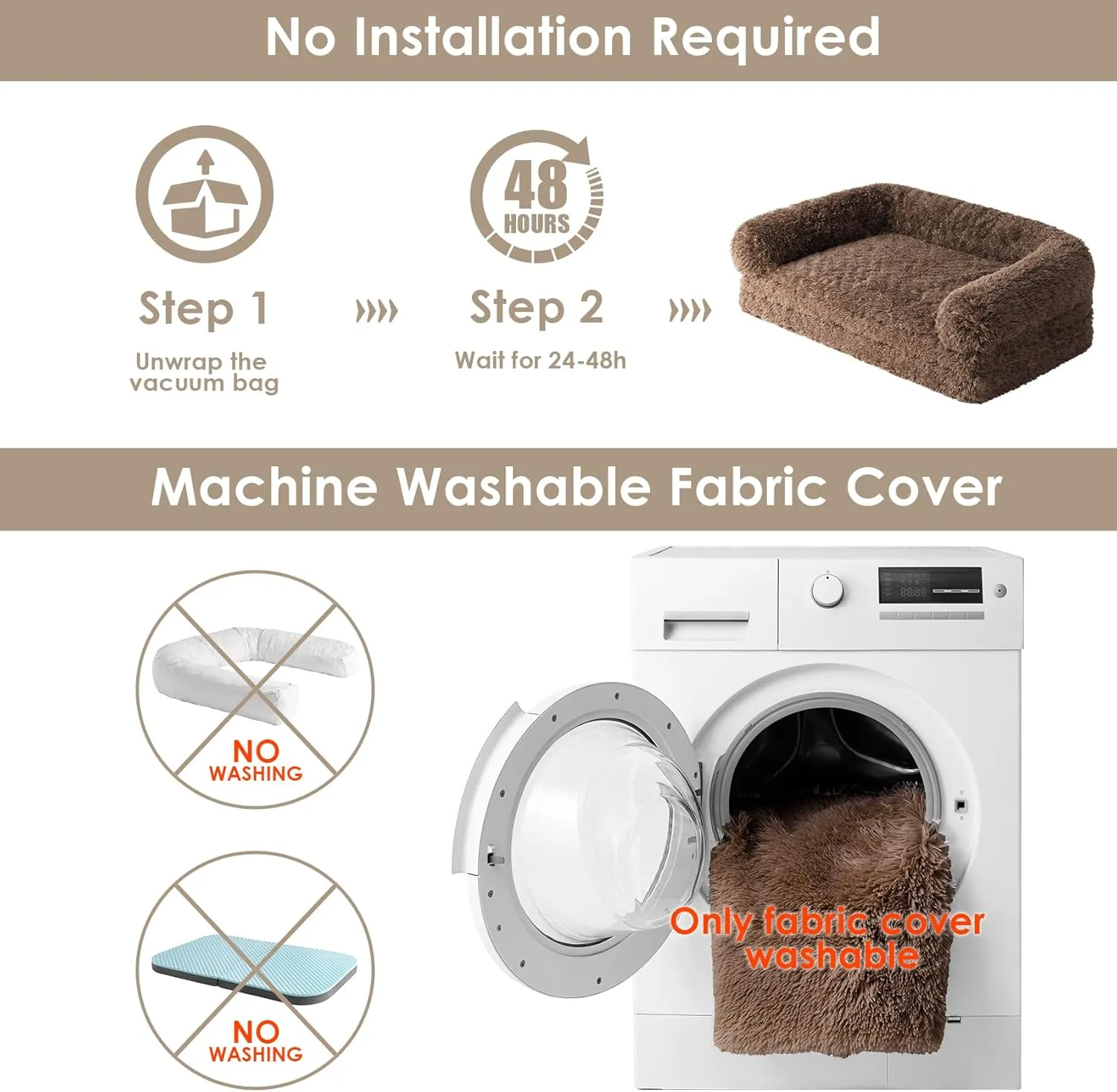 EHEYCIGA Foldable L Dog Bed, Faux Fur Fluffy Couch, Orthopedic Calming Memory Foam Pet Sofa for Large Dogs, Washable Soft Warm With Non-Slip Bottom, Brown, 40"x30"x6"