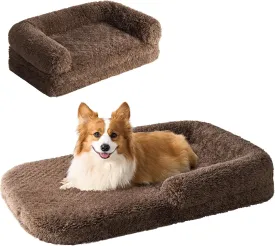 EHEYCIGA Foldable L Dog Bed, Faux Fur Fluffy Couch, Orthopedic Calming Memory Foam Pet Sofa for Large Dogs, Washable Soft Warm With Non-Slip Bottom, Brown, 40"x30"x6"