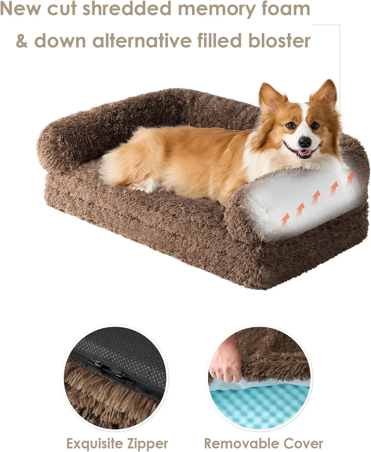 EHEYCIGA Foldable L Dog Bed, Faux Fur Fluffy Couch, Orthopedic Calming Memory Foam Pet Sofa for Large Dogs, Washable Soft Warm With Non-Slip Bottom, Brown, 40"x30"x6"