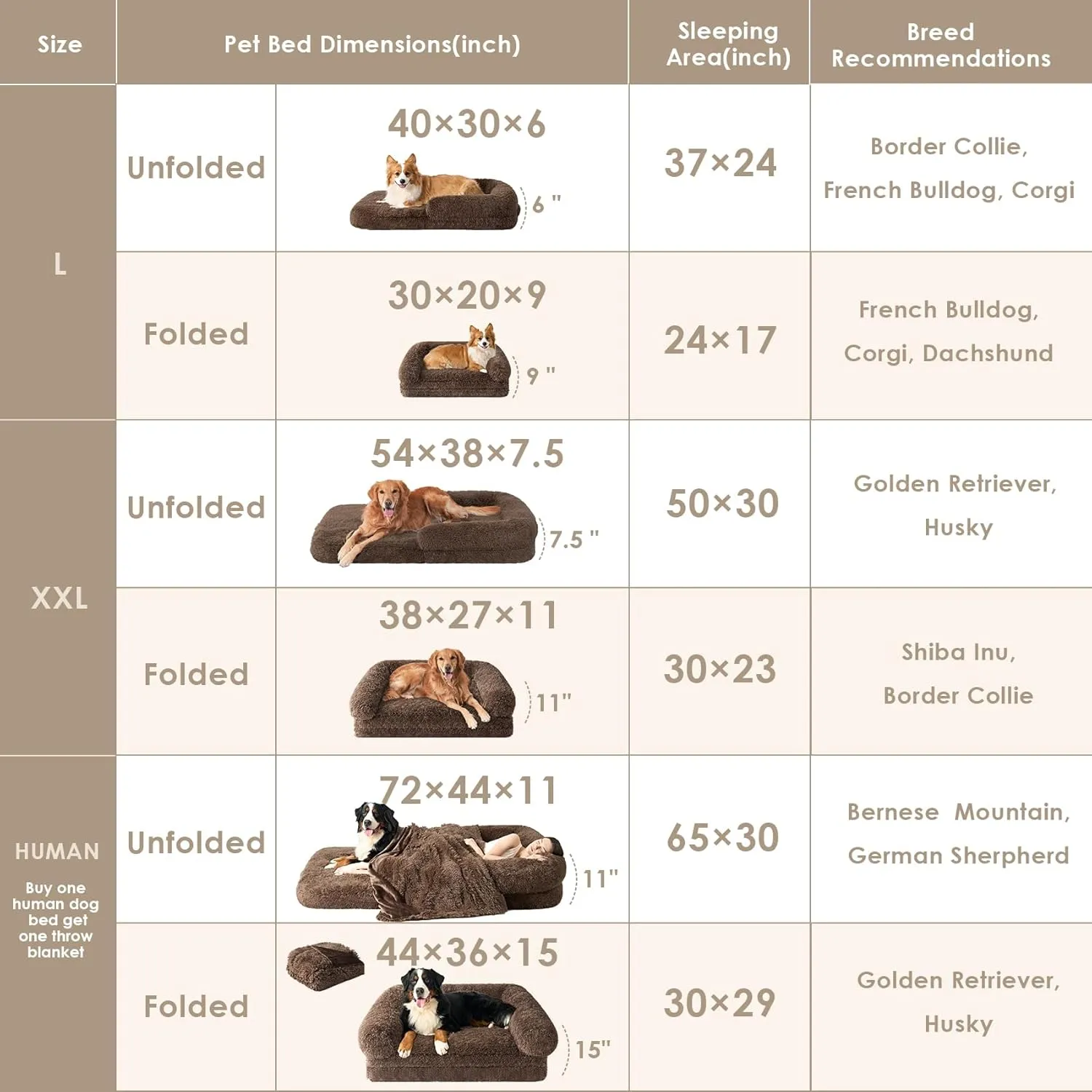 EHEYCIGA Foldable L Dog Bed, Faux Fur Fluffy Couch, Orthopedic Calming Memory Foam Pet Sofa for Large Dogs, Washable Soft Warm With Non-Slip Bottom, Brown, 40"x30"x6"