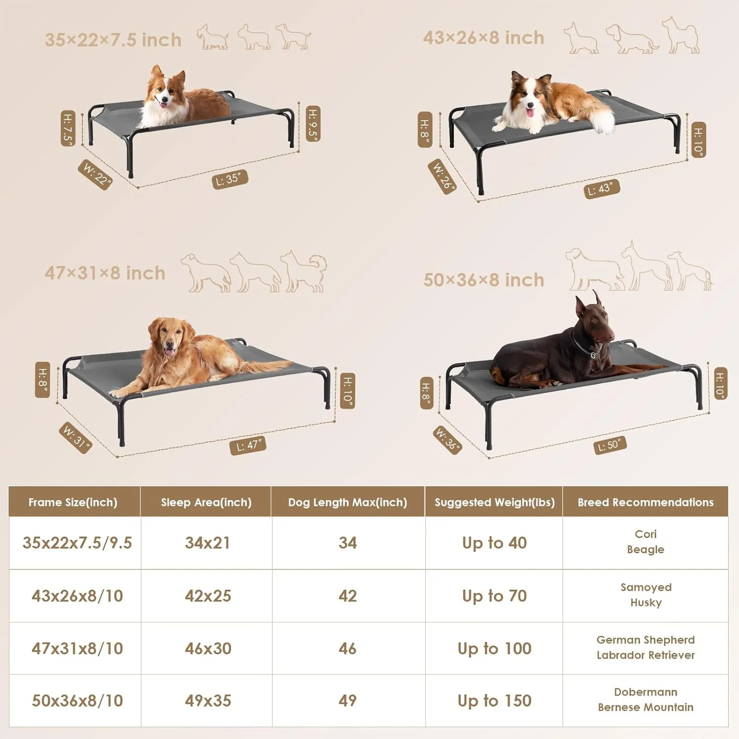 EHEYCIGA Reinforced Elevated Large Dog Cot Bed, Raised Outdoor Dog Hammock, Lifted Pet Platform with Frame and Washable Waterproof Cooling Teslin Mesh and Anti-Slip Feet, 43x26 inch