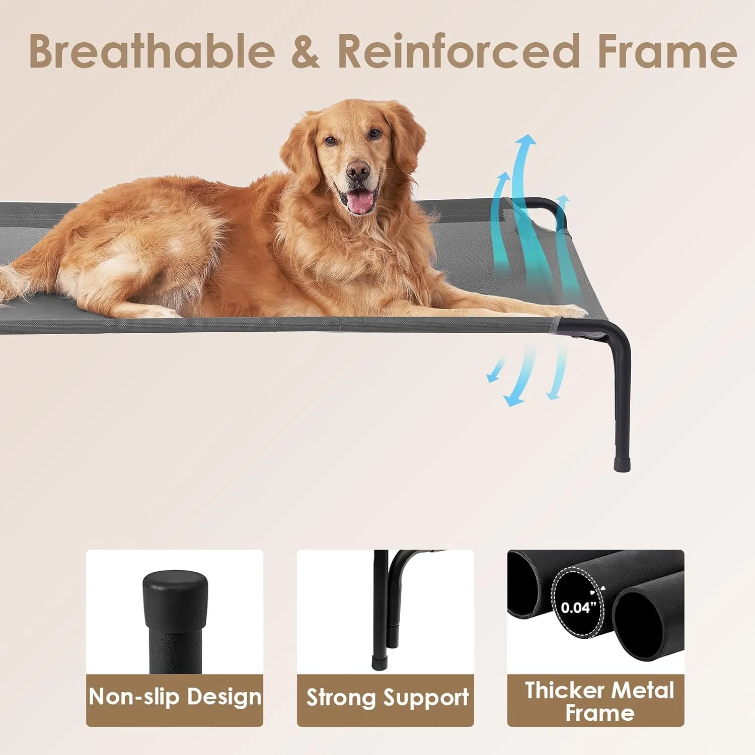 EHEYCIGA Reinforced Elevated Large Dog Cot Bed, Raised Outdoor Dog Hammock, Lifted Pet Platform with Frame and Washable Waterproof Cooling Teslin Mesh and Anti-Slip Feet, 43x26 inch