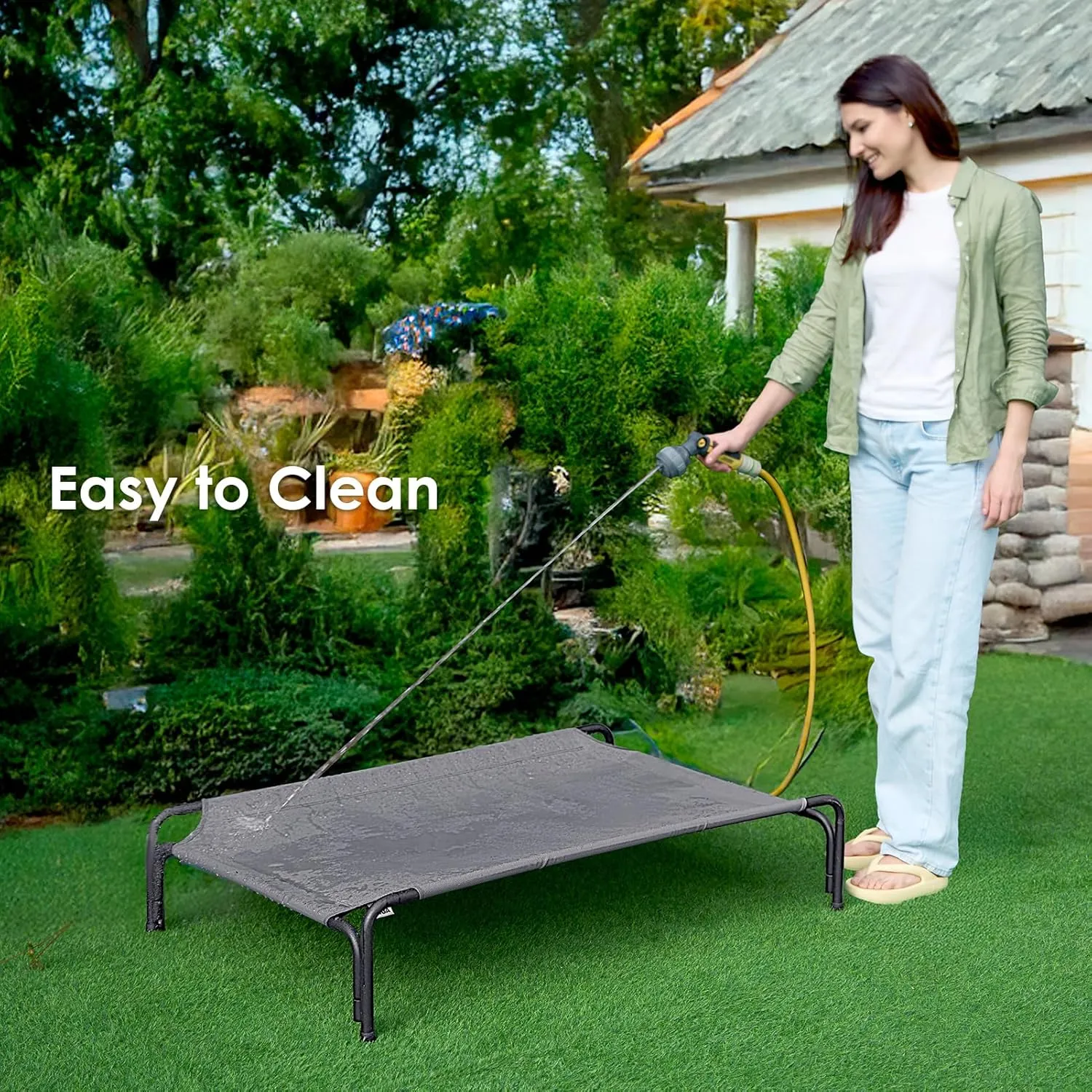 EHEYCIGA Reinforced Elevated Large Dog Cot Bed, Raised Outdoor Dog Hammock, Lifted Pet Platform with Frame and Washable Waterproof Cooling Teslin Mesh and Anti-Slip Feet, 43x26 inch