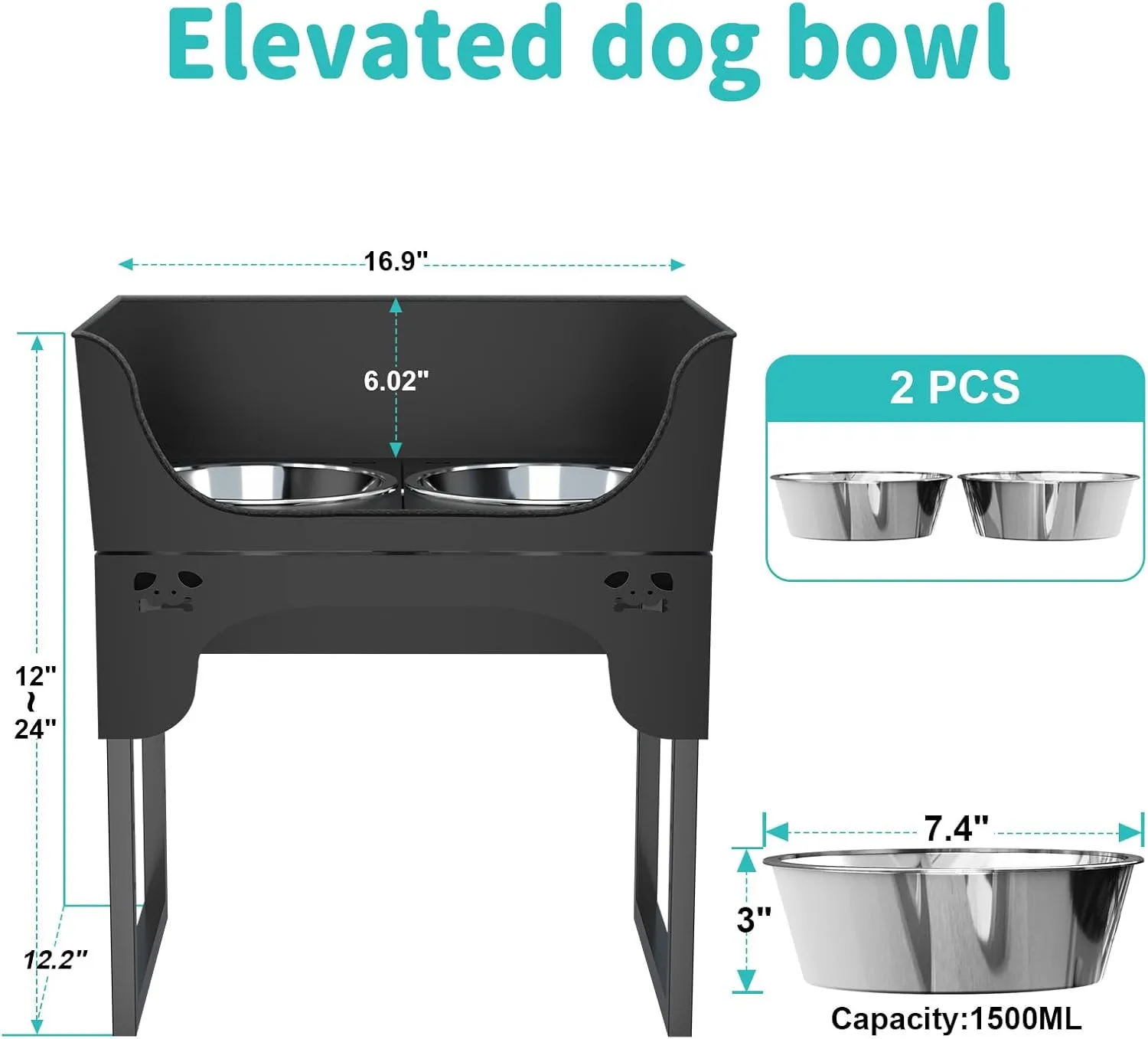 Elevated Dog Bowls Stand, Stainless Steel Raised Dog Bowls Adjustable with 2 Stainless Steel Food & Water Bowls for Small, Medium&Large Dog