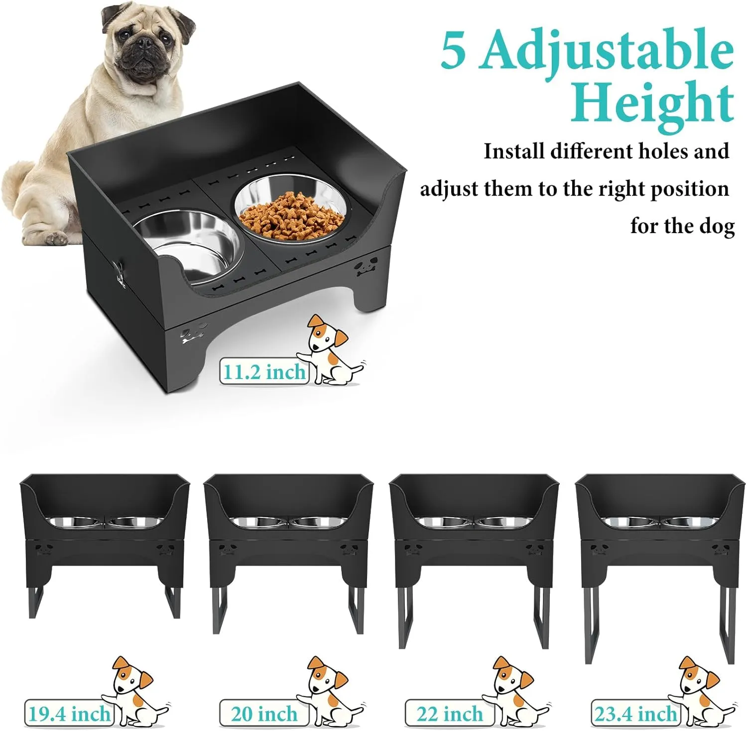 Elevated Dog Bowls Stand, Stainless Steel Raised Dog Bowls Adjustable with 2 Stainless Steel Food & Water Bowls for Small, Medium&Large Dog